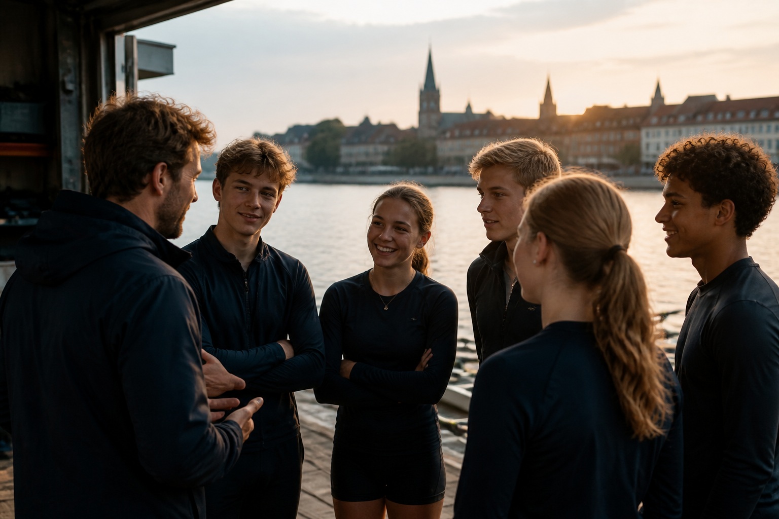 AI-mockup af unge roere i en tryg samtale med en træner ved Svanemøllen.